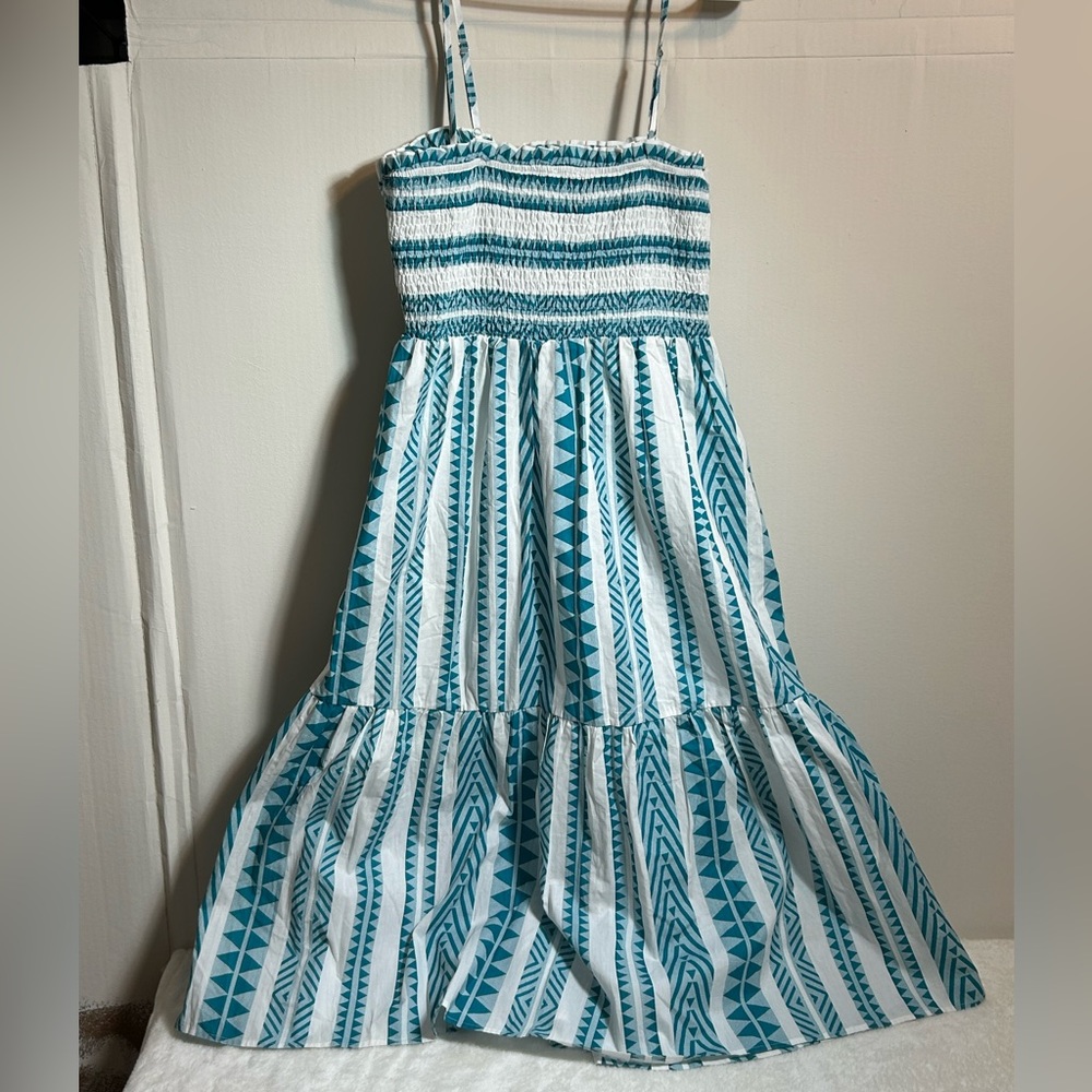 Umgee Teal Blue/White Aztec Print Smocked Bust Tiered Midi Sundress Size Large - Picture 1 of 8